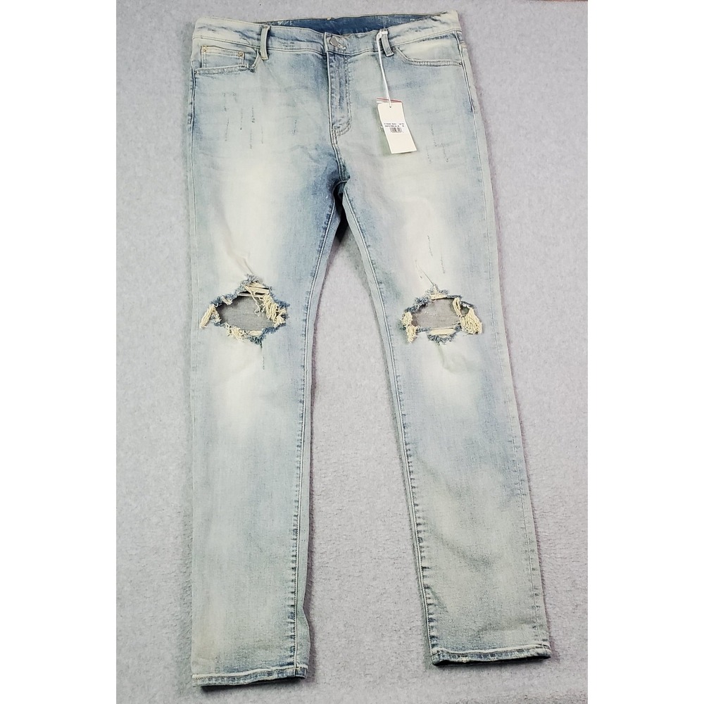 mnml Jeans Men's 40X34 Blue X1 Stretch Denim Distressed Slim Fit Light Wash NEW